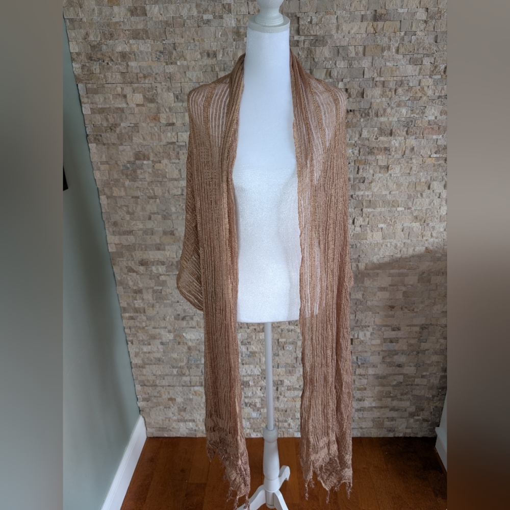 Camel Tan Boho Textured Fringe Shawl Sheer Lightweight Neutral Scarf Eco Fairy